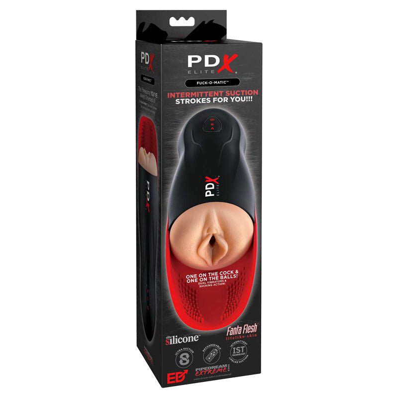 Side profile image of the PDX Elite Fuck-O-Matic product box. Brand and product name clearly legible, displayed on a clean white background. | Flirty Bay adult store Perth